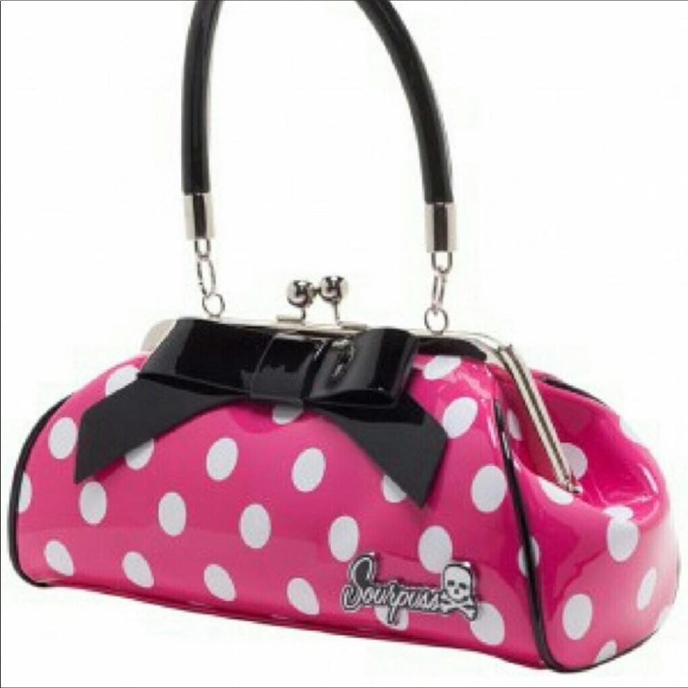 Sourpuss pink and white polka dot with black bow
